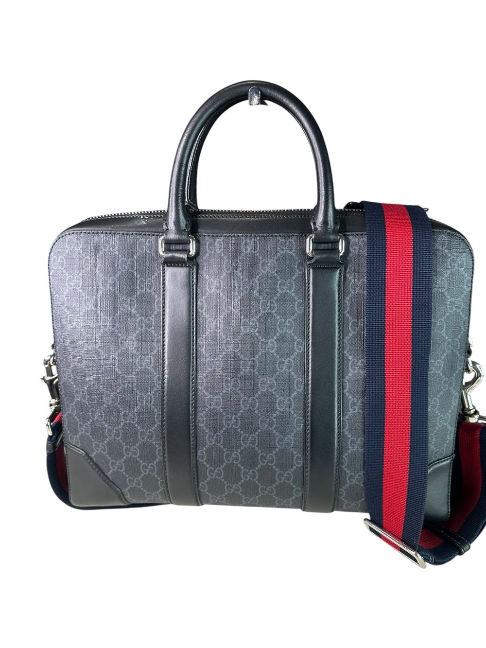Gucci Gray GG Supreme Briefcase with Red/Navy Web Strap - Picture 10 of 13